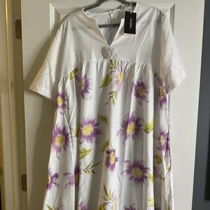 Uoozee Loose Short Sleeve Flower Print V- Neck Print Midi Dress